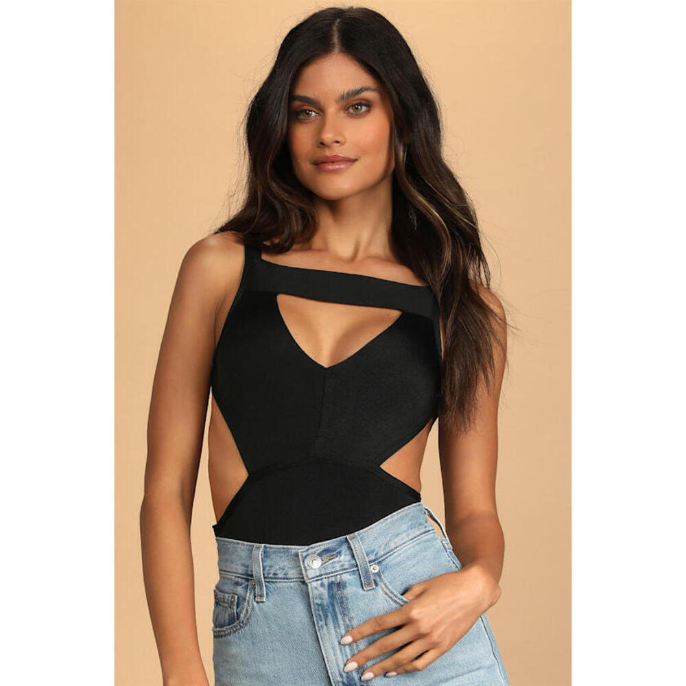 Lulus Cut The Rest Black Cutout Bandage Backless Bodysuit - Size M